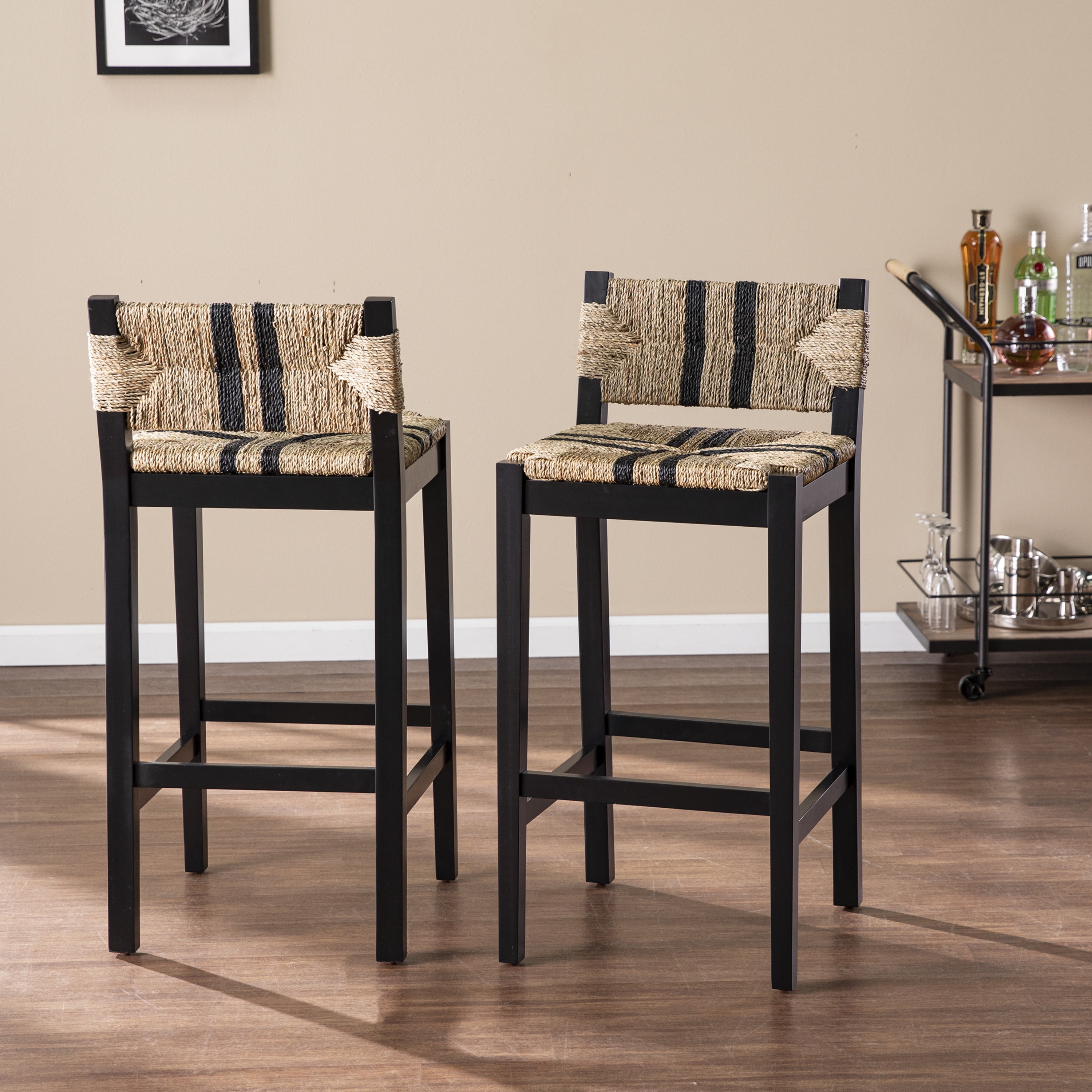 SEI Galiah Transitional style Seagrass Barstools – 2pc Set in Black and  natural finish