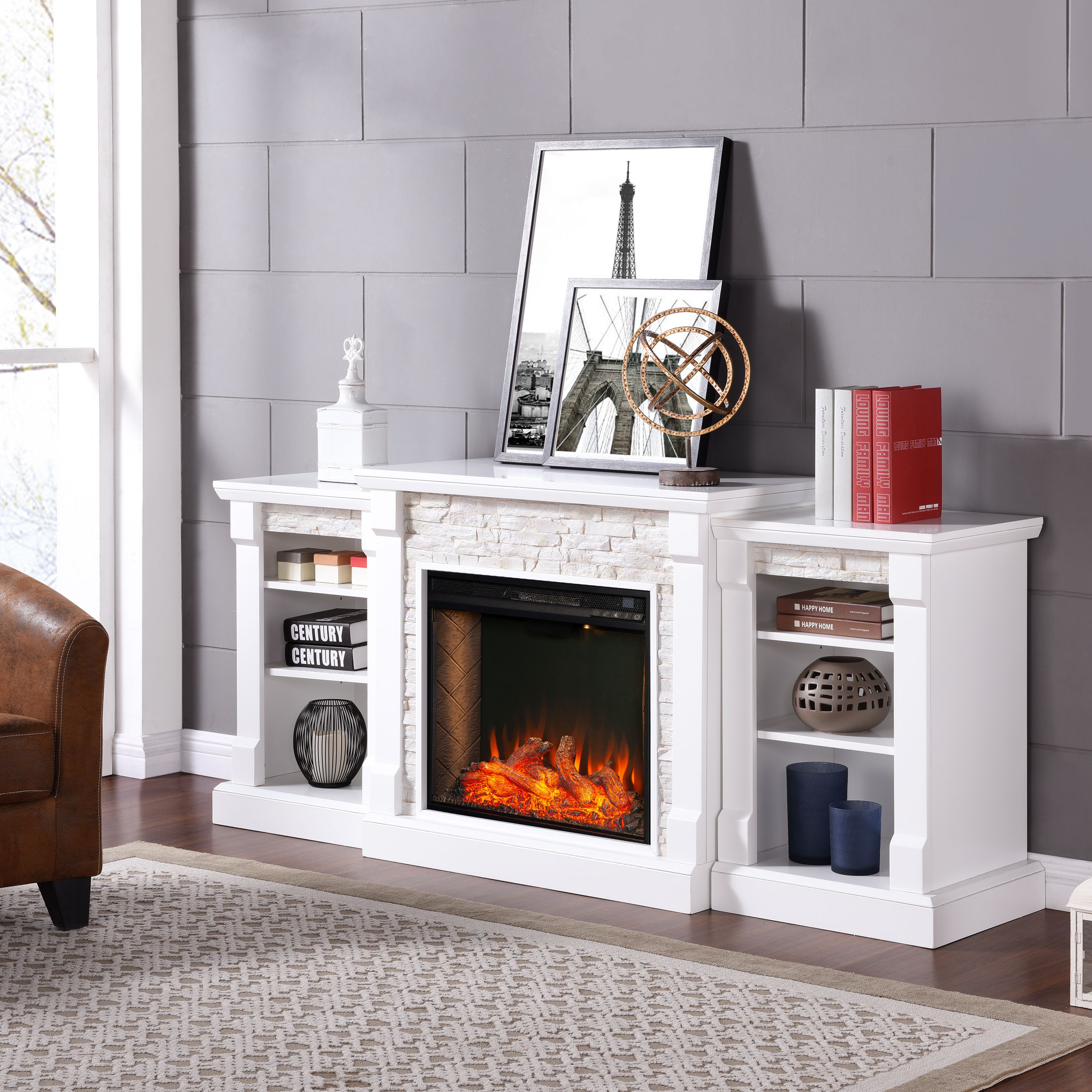 SEI Grand Heights Freestanding Smart Electric Fireplace in White with Faux  Stone - Walmart.com
