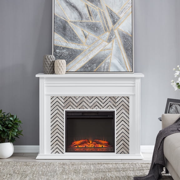 SEI Hebbington Tiled Marble Electric Fireplace, White