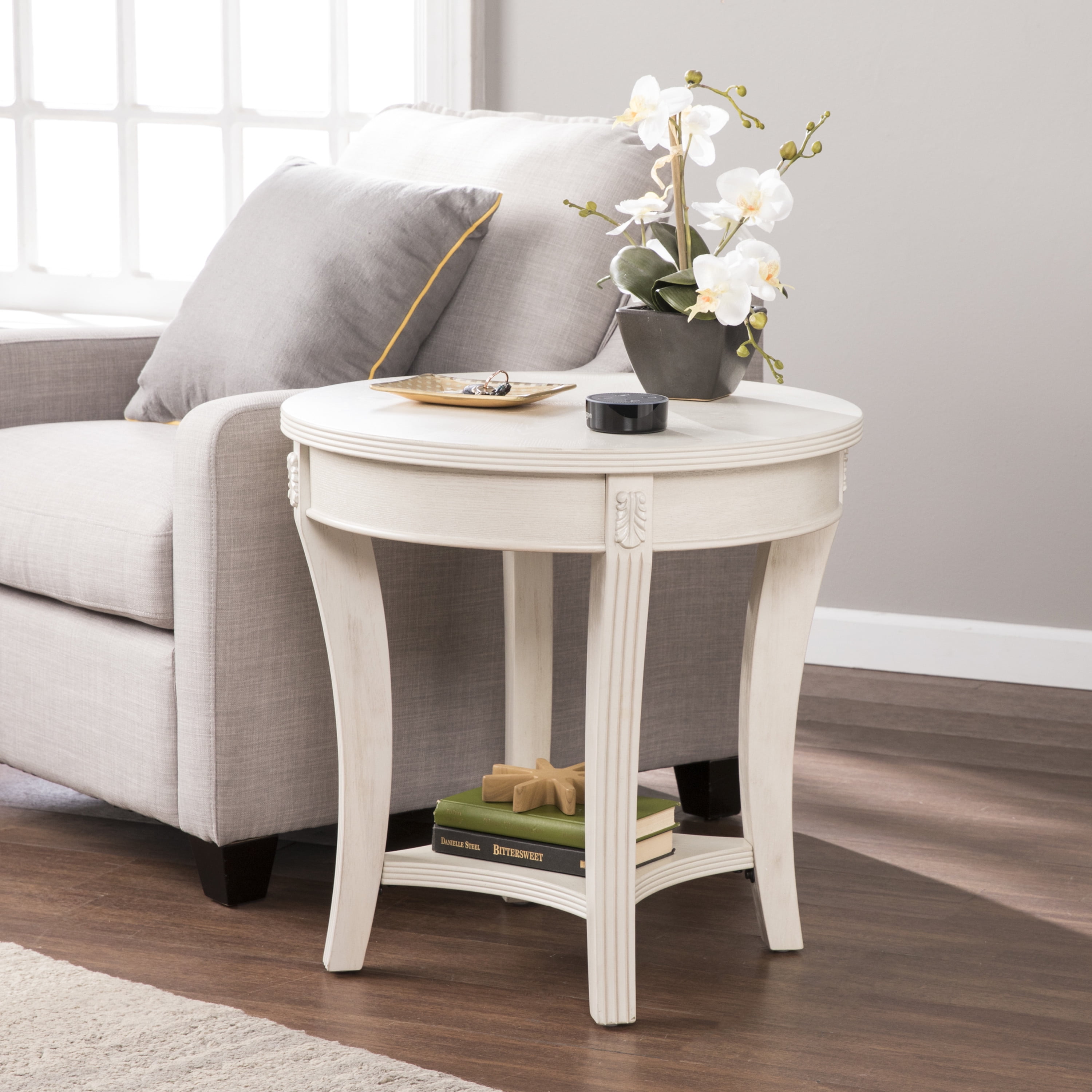 Distressed whitewash online round accent table
