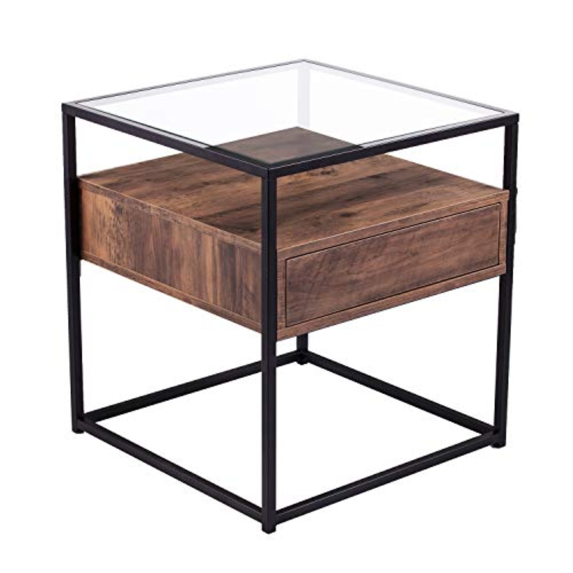 Black and Natural Wood Glass Top End Table with Storage