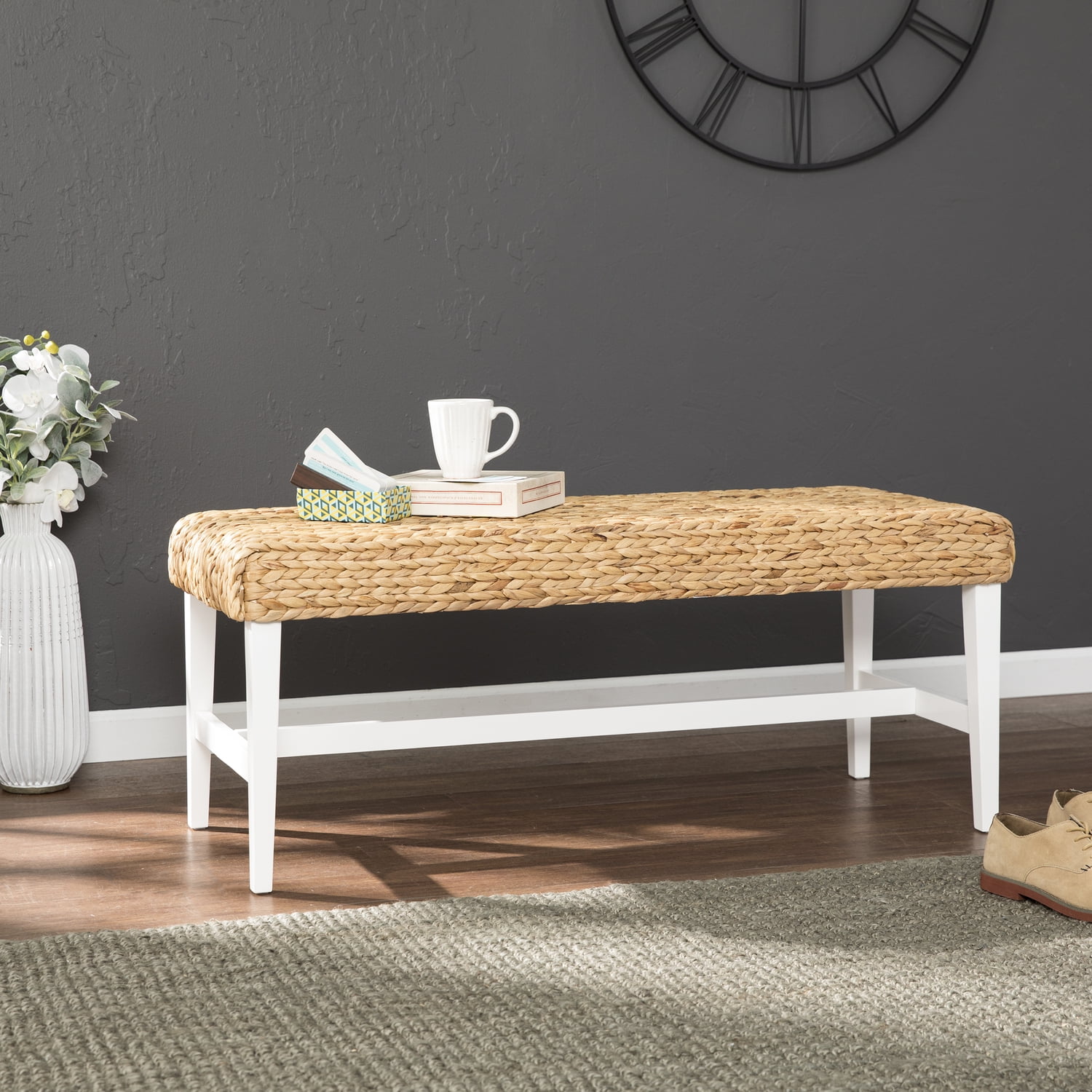 White and Natural Woven Water Hyacinth Coffee Table Bench