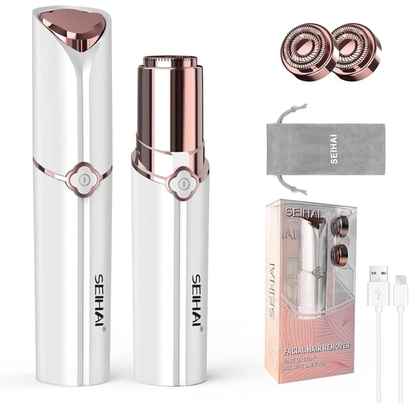 SEIHAI Facial Hair Removal for Women, Electric Painless Rechargeable Facial Hair Remover for Face, Lip, Chin with 2 x Replacement Heads