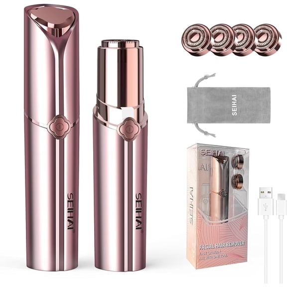SEIHAI Rechargeable Women's Hair Remover for Face & Upper Lip & Chin, Painless/ Slim Shape for Portability with 4x Replacement Heads(Pink)