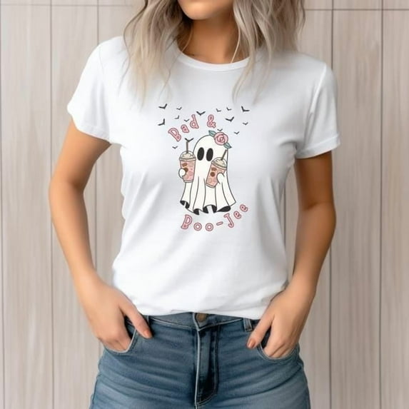 SEIKEMS Bad & Boo-jee Ghost Halloween Shirt | Preppy Pink Ghost Coffee Tee for Spooky Season Unisex T-Shirt