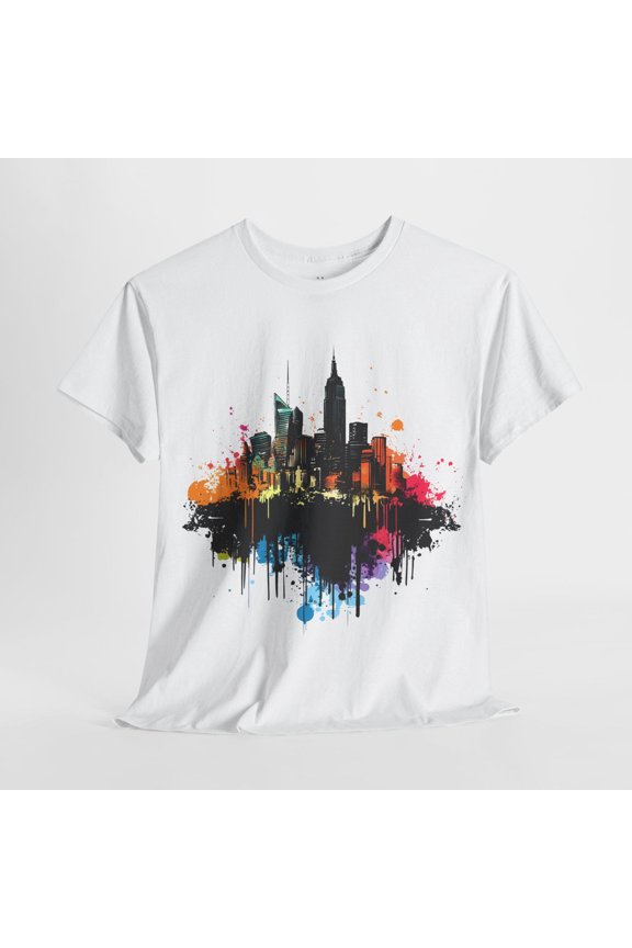 Colorful Urban Skyline T-Shirt, Paint Splash Cityscape Street Art Graphic Tee
