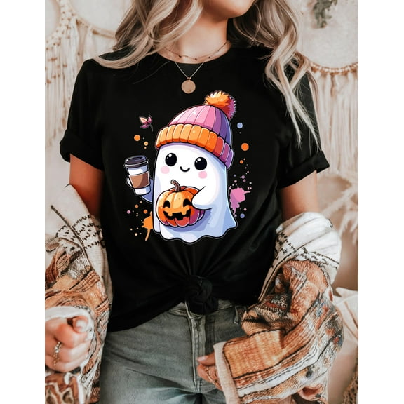 SEIKEMS Cute Ghost Pumpkin Coffee Halloween T-Shirt, Kawaii Fall Spooky Season Tee