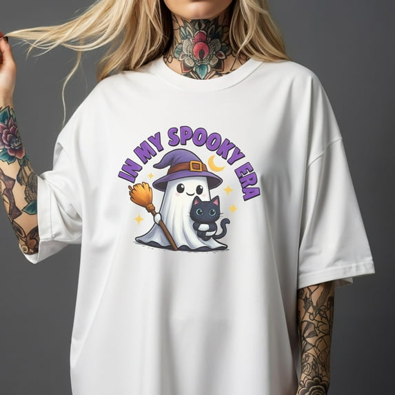 SEIKEMS In My Spooky Era Ghost T-shirt | Kawaii Halloween Shirt | Cute Black Cat | Spooky Season Fall Graphic | Halloween Gift
