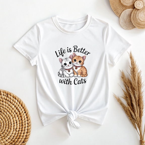 SEIKEMS Life is Better with Cats T-Shirt - Cute Cat Lover Tee, Funny Cat Owner Gift, Cat Mom Dad Shirt, Kitty Kitten Graphic Top, Pet Quote Clothing