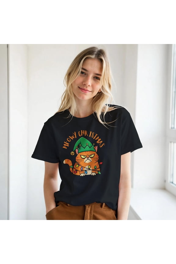 Meowy Christmas T-Shirt | Grumpy Cat in Christmas Lights | Funny Holiday Tee