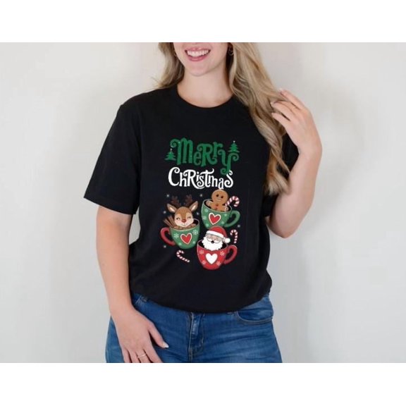 SEIKEMS Merry Christmas Shirt with Coffee Mug Design - Unisex Tee - Gift for Him Her Family