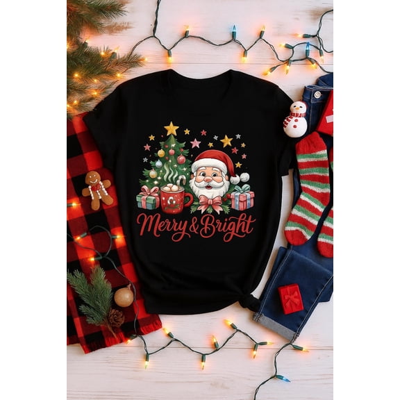 SEIKEMS Merry and Bright Christmas Shirt, Santa Claus Holiday Tee, Cute Festive Gift, Christmas Lights Shirt, Cozy Winter Outfit Tee
