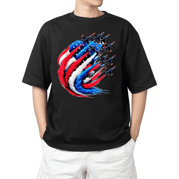 SEIKEMS Patriotic Red White Blue USA Flag Fighter Jets 4th of July Adult T-Shirt