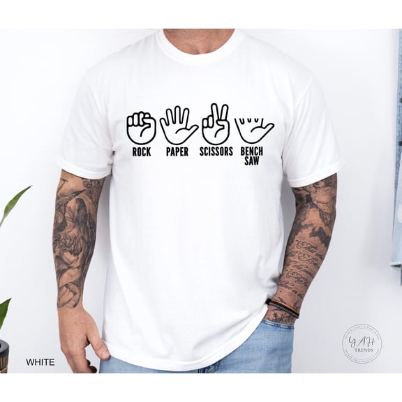 SEIKEMS Rock Paper Scissors Bench Saw T-Shirt | Funny Shirt for Men | Woodworking Dad Gift | DIY Construction Tee | Pun Graphic Tee