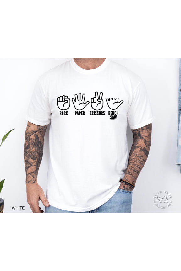 Rock Paper Scissors Bench Saw T-Shirt | Funny Shirt for Men | Woodworking Dad Gift | DIY Construction Tee | Pun Graphic Tee