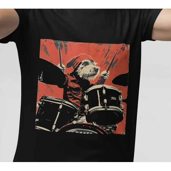 SEIKEMS Rock 'n' Roll Dog T-Shirt: Funny Drummer Linocut Tee