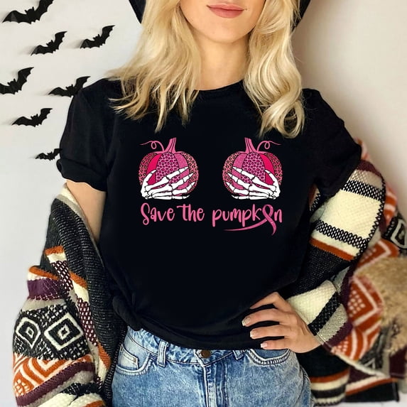 SEIKEMS Save the Pumpkins Skeleton Breast Cancer Awareness Month Shirt, Pink Ribbon Leopard Shirt, Breast Cancer Shirt, In October We Wear Pink