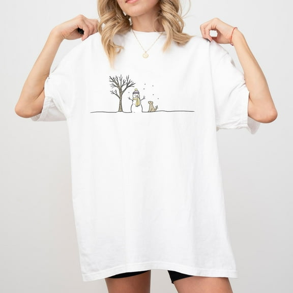 SEIKEMS Snowman and Dog Shirt, Winter Line Art Tee, Cute Christmas Graphic
