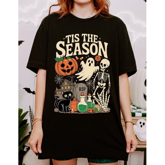 SEIKEMS Vintage Halloween T Shirt | Retro 'Tis The Season Skeleton Pumpkin Ghost Halloween Tshirt