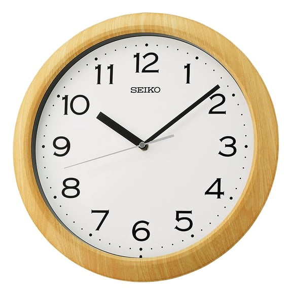 SEIKO Holt - Analog Style - Arabic Numbers - White Face - 12 Inch Wood Look Lt. Brown Plastic Easy To Read Wall Mounted Clock Time Keeper