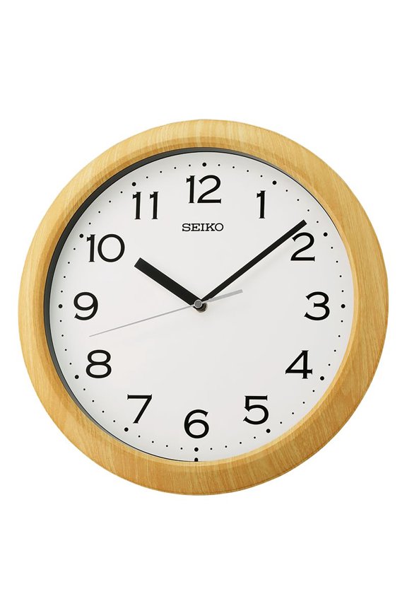 Holt - Analog Style - Arabic Numbers - White Face - 12 Inch Wood Look Lt. Brown Plastic Easy To Read Wall Mounted Clock Time Keeper