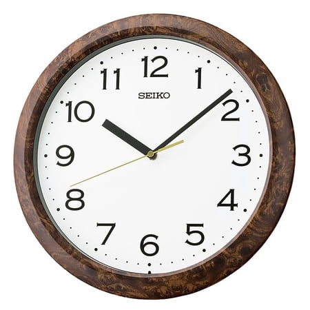 SEIKO Holt - Analog Style - Arabic Numbers - White Face - 12 Inch Wood Look Matte Brown Plastic Easy To Read Wall Mounted Clock Time Keeper