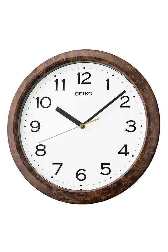 Holt - Analog Style - Arabic Numbers - White Face - 12 Inch Wood Look Matte Brown Plastic Easy To Read Wall Mounted Clock Time Keeper
