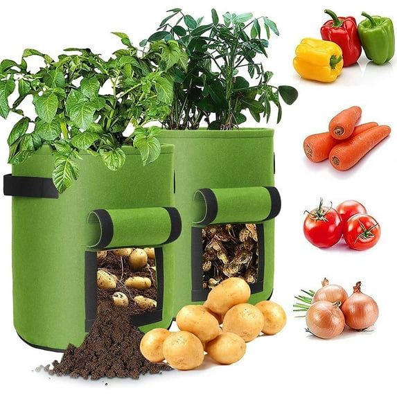 2 Pack 10 Gallon Grow Bags, Garden Heavy Duty Planter Bags Nonwoven Fabric Pots with Handles and Harvest Window for Potato, Tomato, Carrot and Vegetables, Green