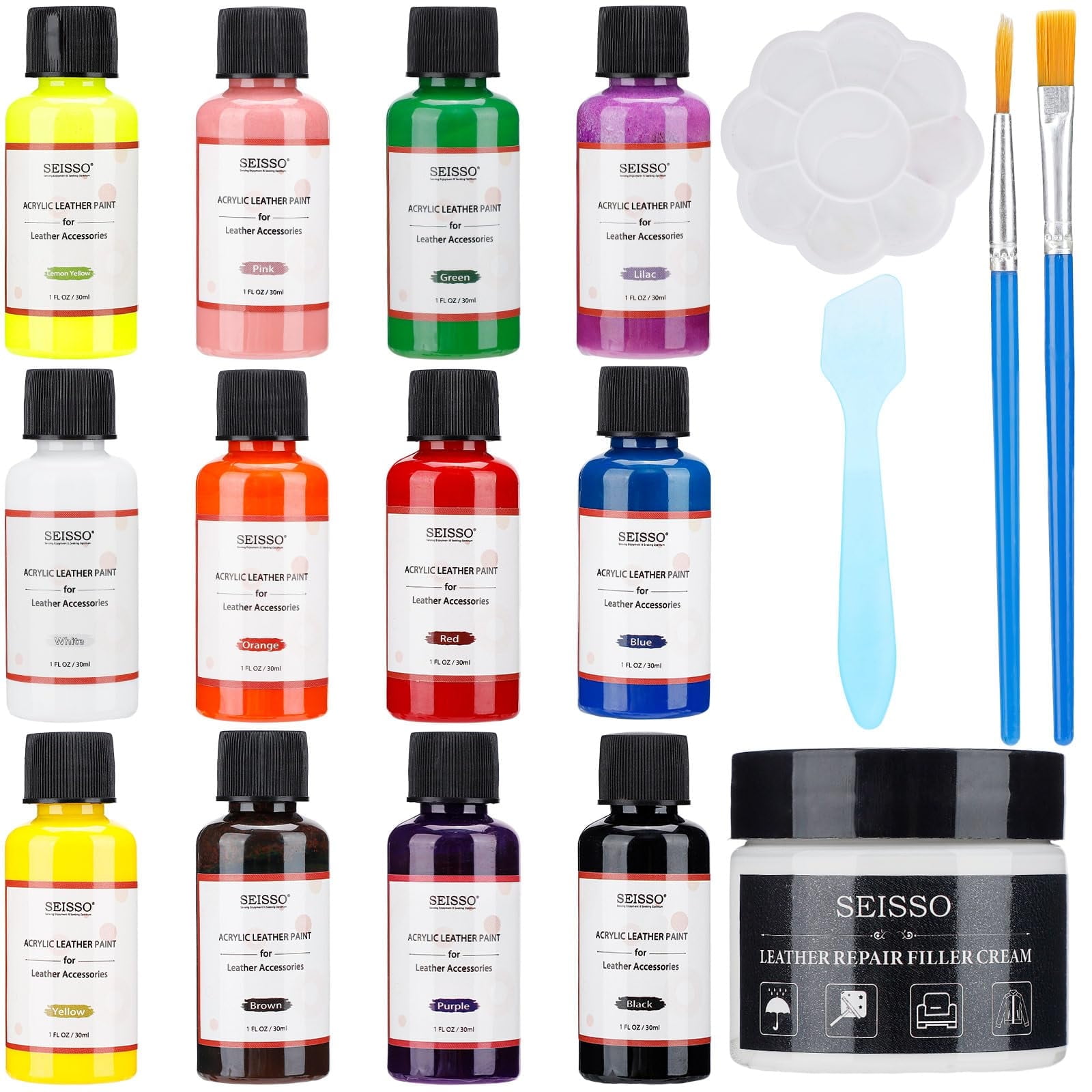 SEISSO 12Colors 1oz Acrylic Leather Paint and 50g Leather Repair Filler Cream