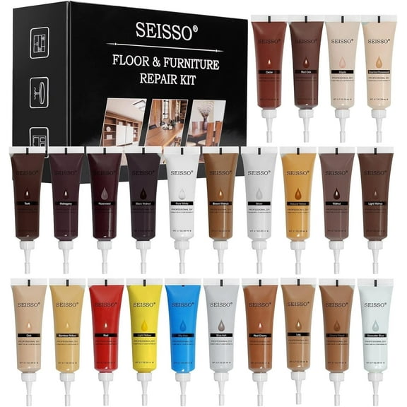 SEISSO Furniture Repair Kit, Wood Floor Repair Kit Furniture Touch up Kit Cover Wood Scratch Restorer Filler for Wooden Floor, Table, Door, Cabinet, with 24 Brushes, 2 Scrapers (24 Colors Set of 50)