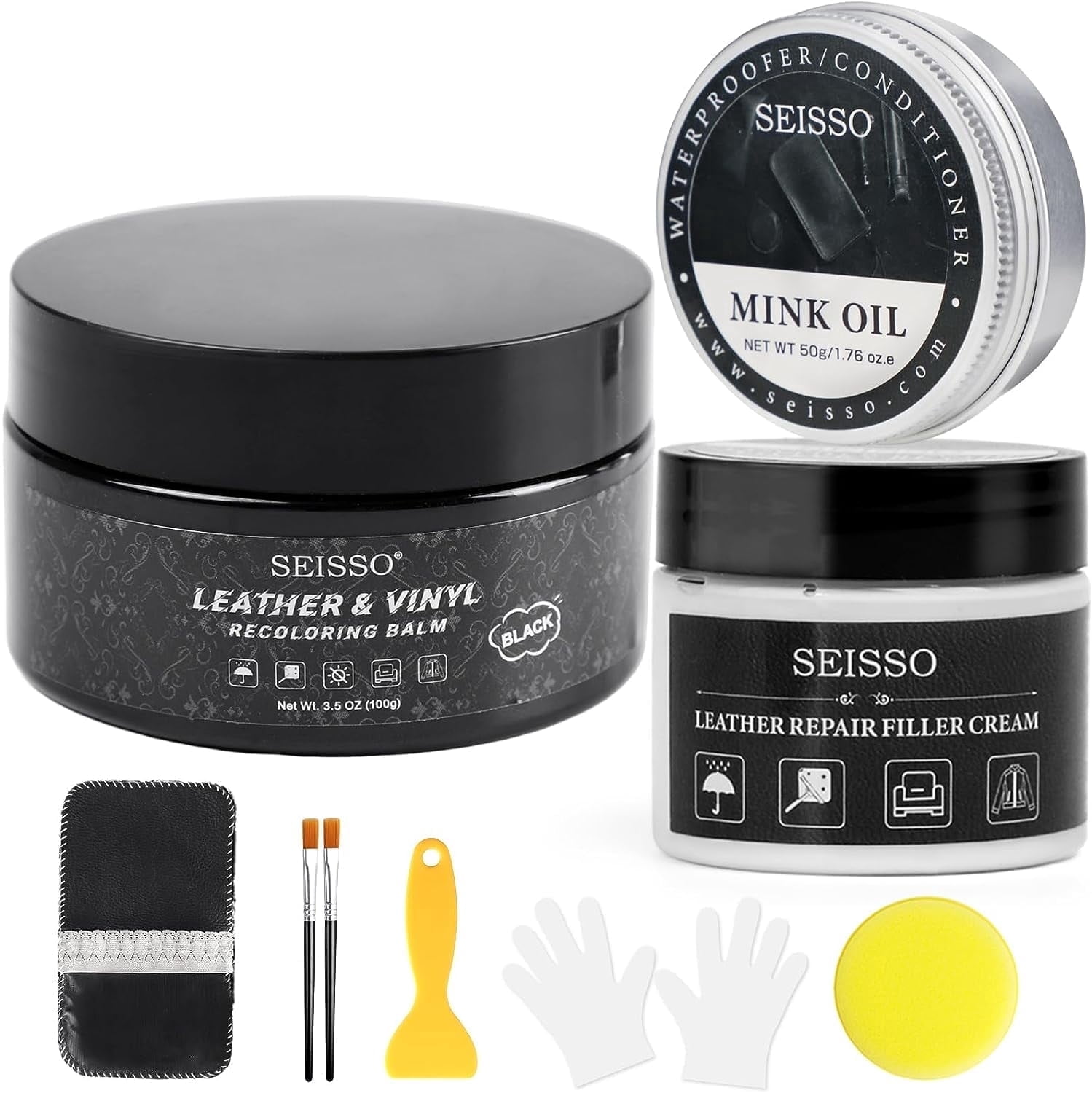 SEISSO Leather Recoloring Balm Black, Mink Oil Leather Conditioner & Leather Filler Cream, Leather and Vinyl Repair Kit for Furniture, Restore Couches, Car Seats, Sofa, Purse, Scratch, Peeling