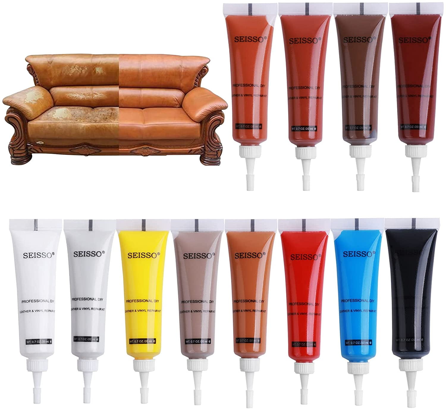 SEISSO Leather and Vinyl Repair Kits,Leather Furniture, Couch, Car Seats,  Sofa, Jacket Restoring Touch up,12 Colors 