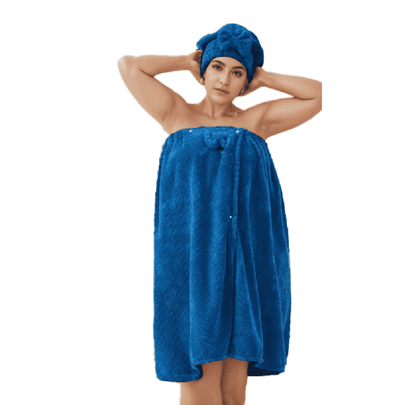 SEISSO Plus Size Absorbent Bath Wrap Skirt with Hair Drying Towel Set, Soft Coral Fleece Shower Wrap with Adjustable Closure, Quick Dry Bath Towel Dress for Bathroom Spa, Blue Color