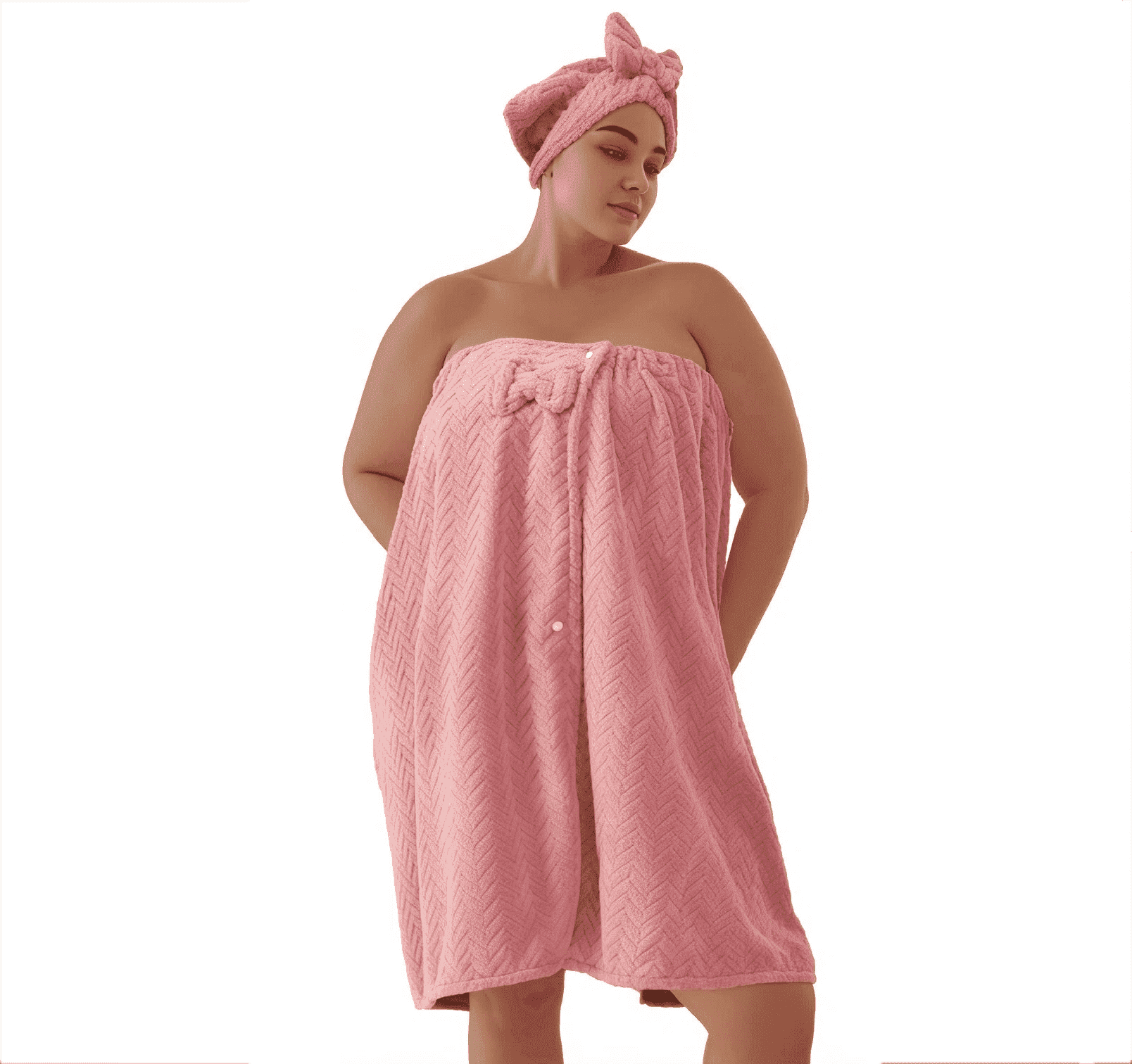 SEISSO Plus Size Absorbent Bath Wrap Skirt with Hair Drying Towel Set, Soft Coral Fleece Shower Wrap with Adjustable Closure, Quick Dry Bath Towel Dress for Bathroom Spa, Pink Color