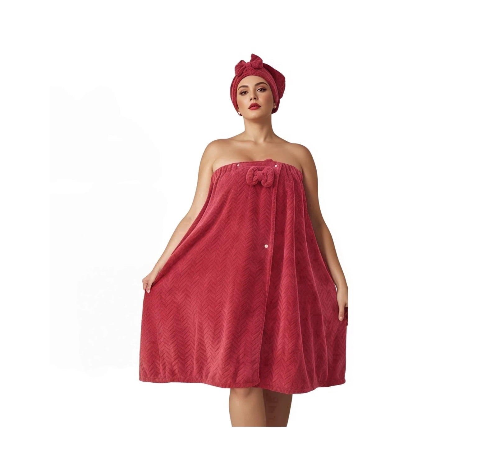 SEISSO Plus Size Absorbent Bath Wrap Skirt with Hair Drying Towel Set, Soft Coral Fleece Shower Wrap with Adjustable Closure, Quick Dry Bath Towel Dress for Bathroom Spa, Red Color