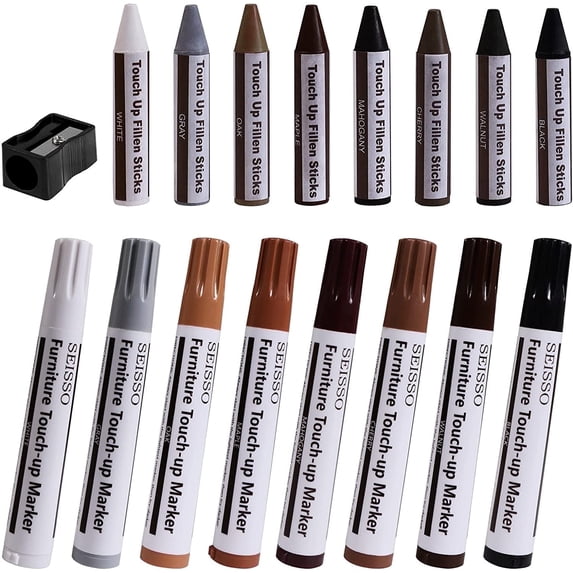 SEISSO 17 Pieces Furniture Touch-Up Kit,6 Markers, 6 Wax Sticks, 1 Sharpener, Deal on Sale Clearance