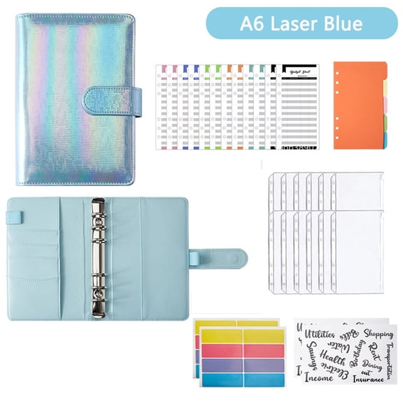SEIWEI 1 Set PU Leather Notebook Binder with Pockets and Sticker Budget Sheets Papers (Laser Blue)