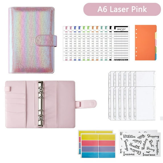 SEIWEI 1 Set PU Leather Notebook Binder with Pockets and Sticker Budget Sheets Papers (Laser Pink)