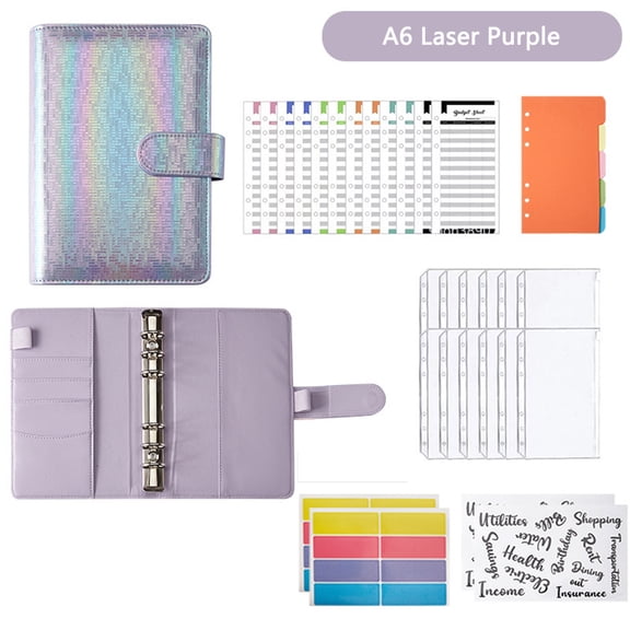SEIWEI 1 Set PU Leather Notebook Binder with Pockets and Sticker Budget Sheets Papers (Laser Purple)