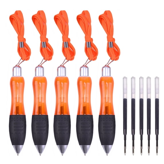 SEIWEI 5 Set Wide Body Ballpoint Pens Heavy Weighted Fat Pens with Extra Black Ink Refills and Lanyard (Orange)