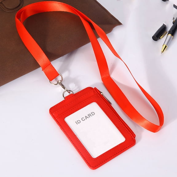 SEIWEI Leather Credit Card Holder Zippered Badge Holder for Storing ID Card Bank Cards Red (Mercerized Rope)