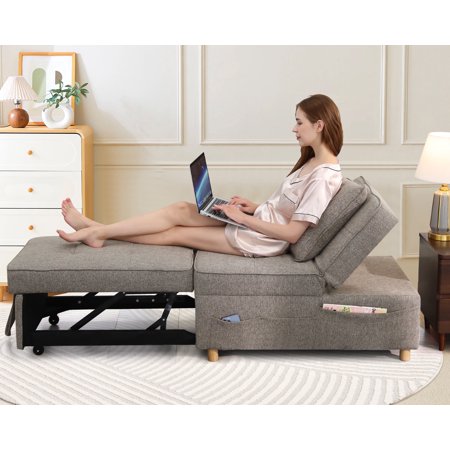 Funcid 3 in 1 Convertible Sofa Bed Chair, Sleeper Sofa Chair Bed with 6 Adjustable Backrest & 2 Pillows, Linen Small Couch for Living Room Home, Brown