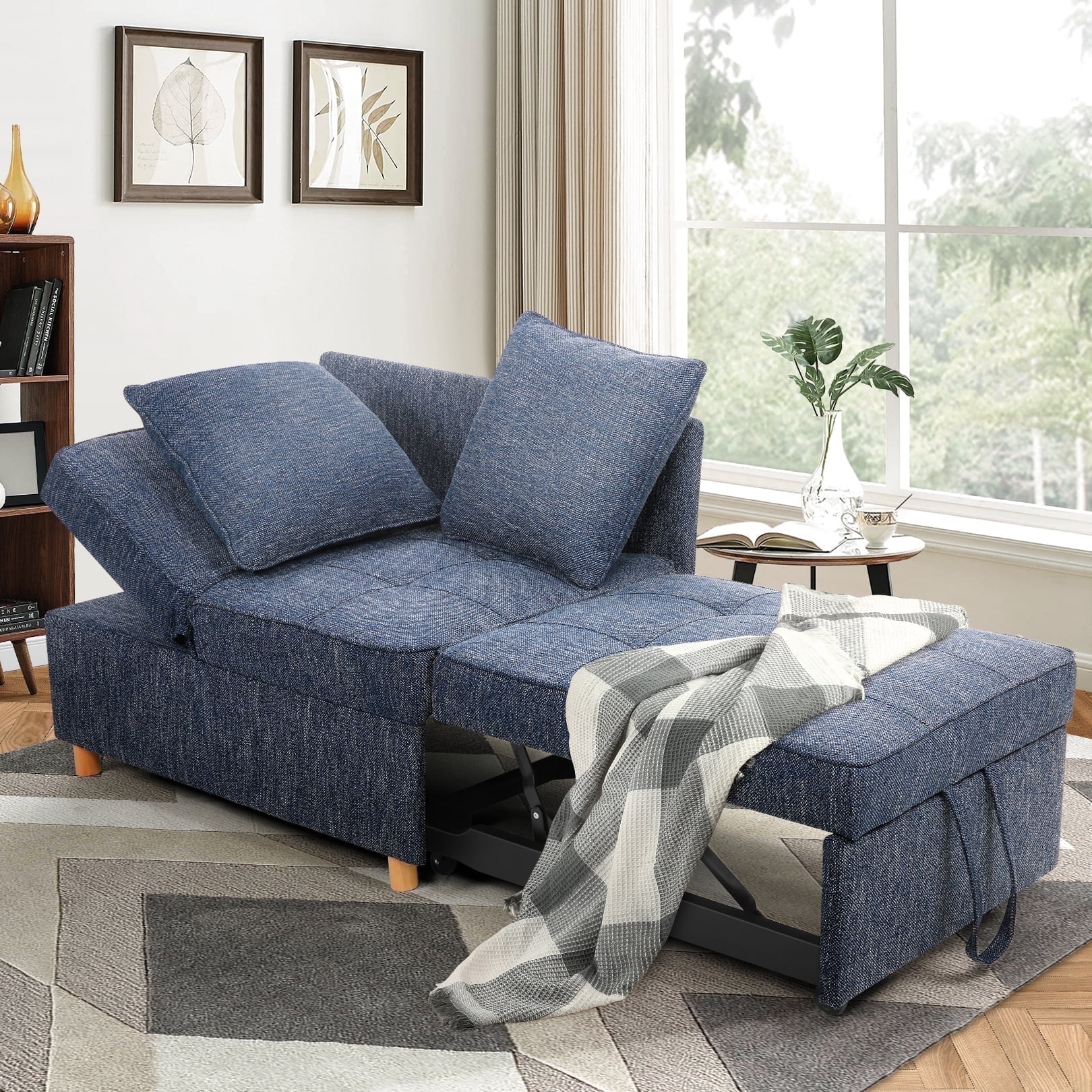 Funcid 4 in 1 Convertible Chair Bed Linen Sleeper Chair for Small Space Futon Sofa Bed with 2 Throw Pillows for Living Room Single Recliner with 5