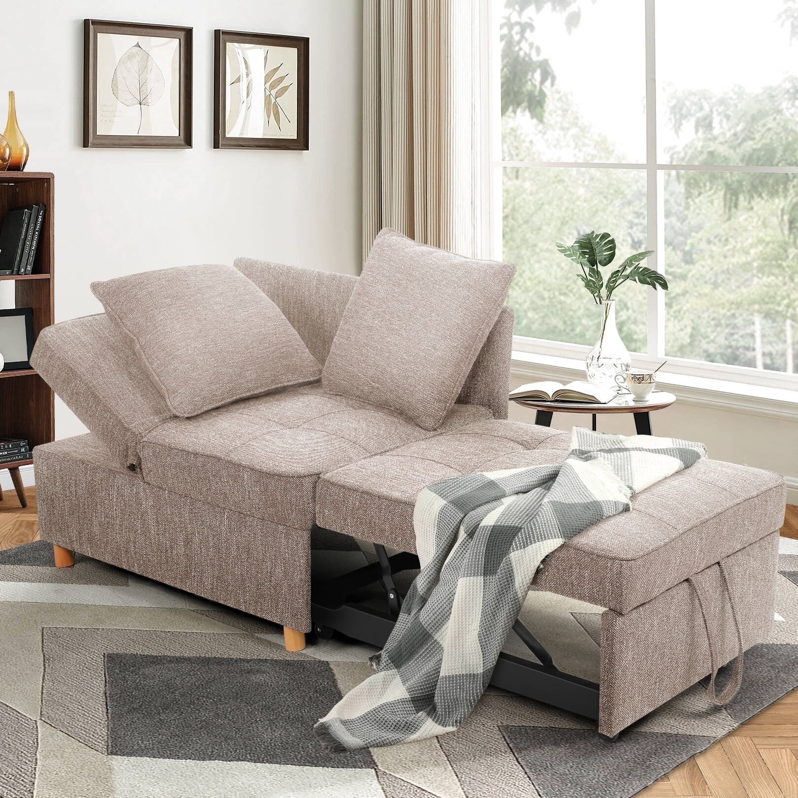 Funcid 4 in 1 Convertible Sleeper Chair Bed Linen Sofa Bed for Small Space Futon Sofa with 2 Throw Pillows for Living Room Single Recliner with 5