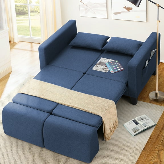 SEJOV 6-in-1 Convertible Sofa Bed, 58" Loveseat Sleeper Sofas with Pull Out Couch Bed, Removable Backrest, Storage Pockets and 2 Pillows, Modern Folding Linen Futon Couch for Small Spaces, Blue