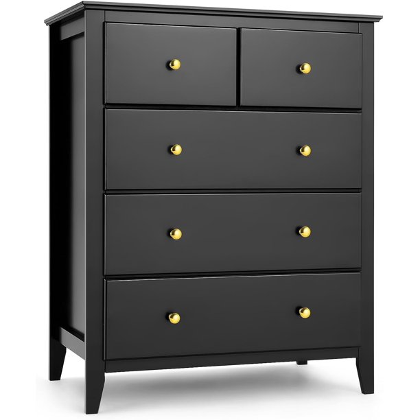 SEJOV Black Double Dresser with 5 Drawer, Modern Chest of Drawers for