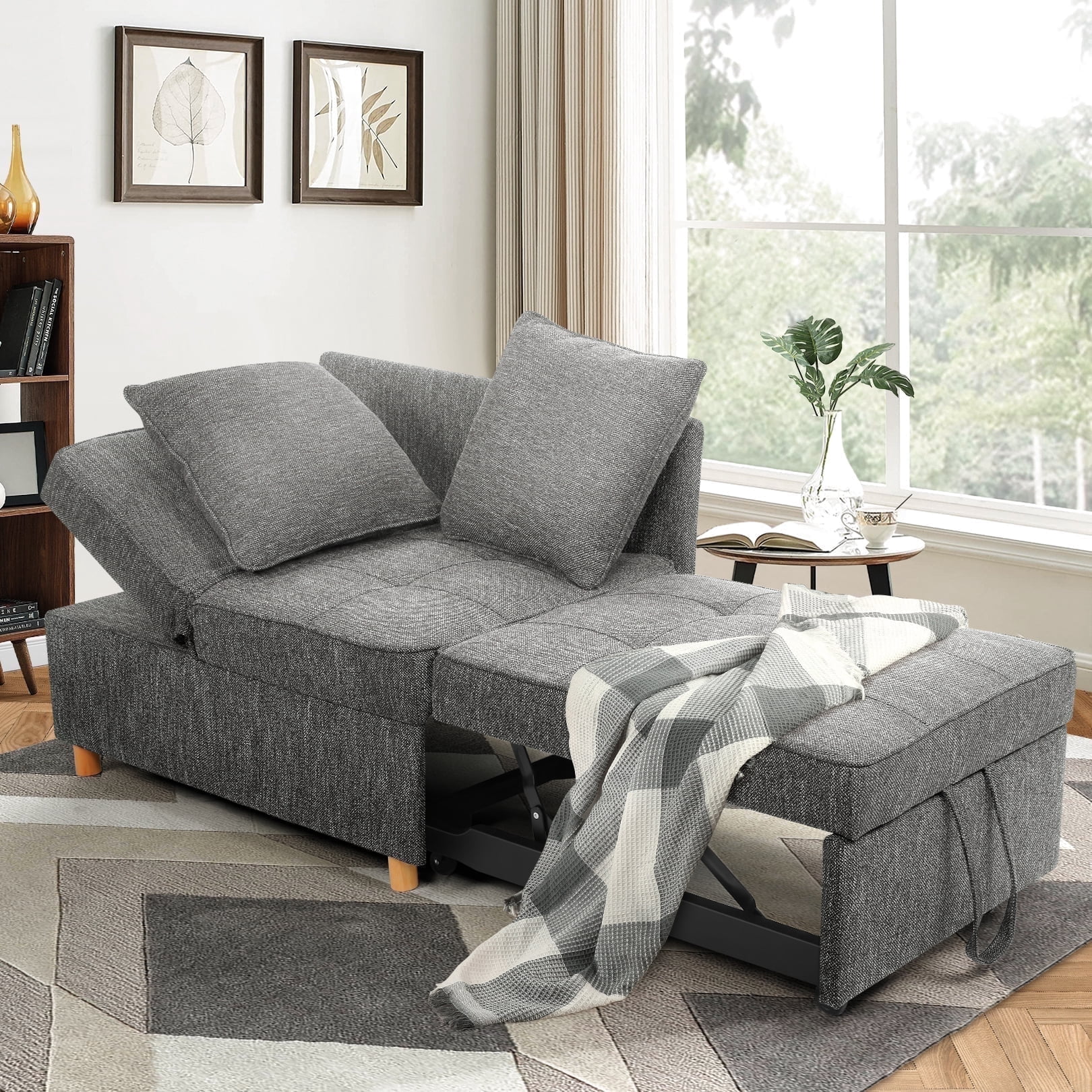 SEJOV Convertible 4-in-1 Sofa Chair Bed, Linen Sleeper Sofa Bed Couch with 5 Adjustable Backrest and Pillows, Small Futon Bedroom Sofa for Apartment Guest Room Home Office，Dark Gray