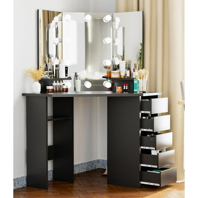 SEJOV Corner Vanity Desk with TriFlod Mirror, Lighted Makeup Vanity