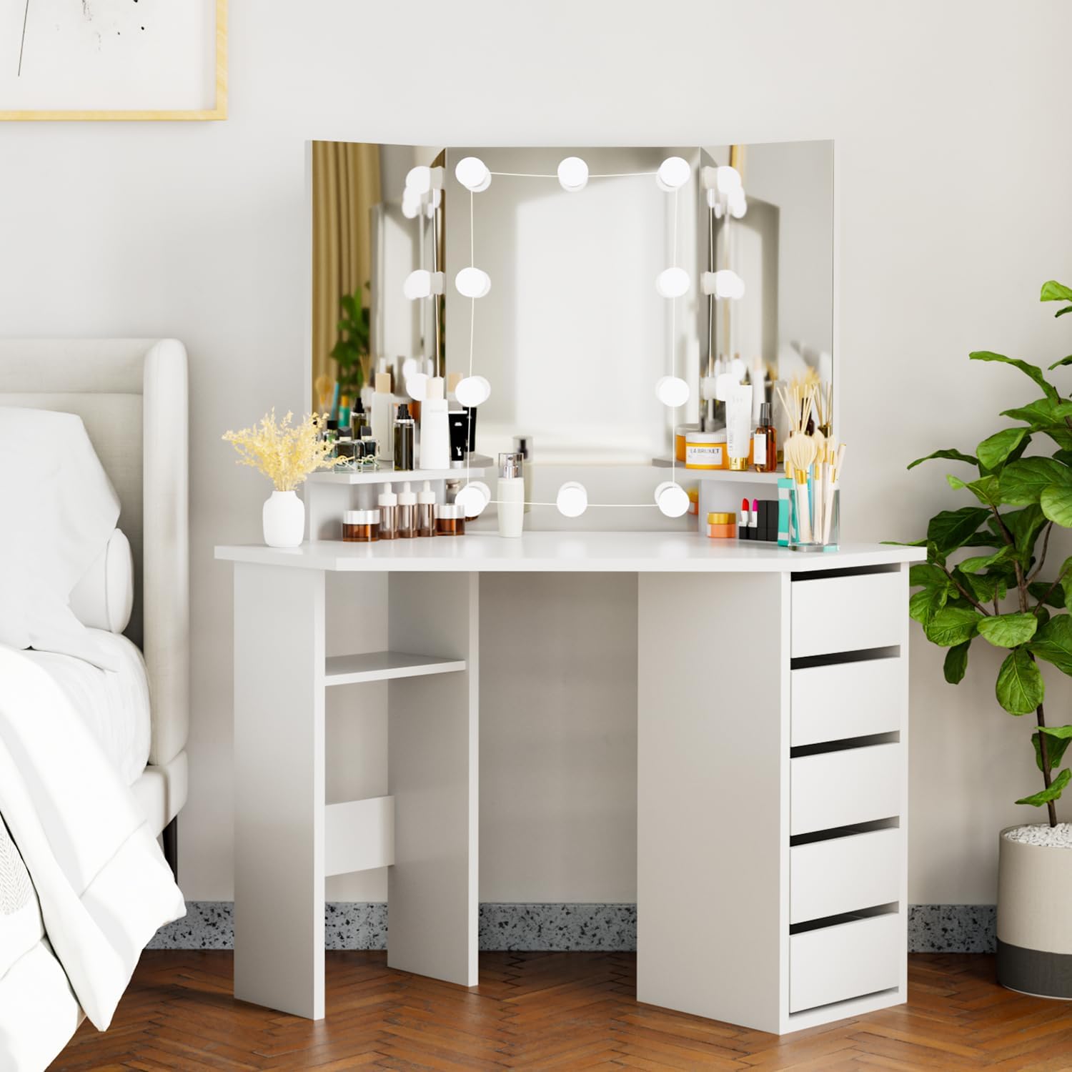 SEJOV Corner Vanity Desk with TriFlod Mirror, Lighted Makeup Vanity