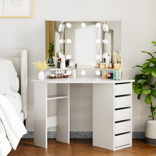 SEJOV Corner Vanity Desk with TriFlod Mirror, Lighted Makeup Vanity
